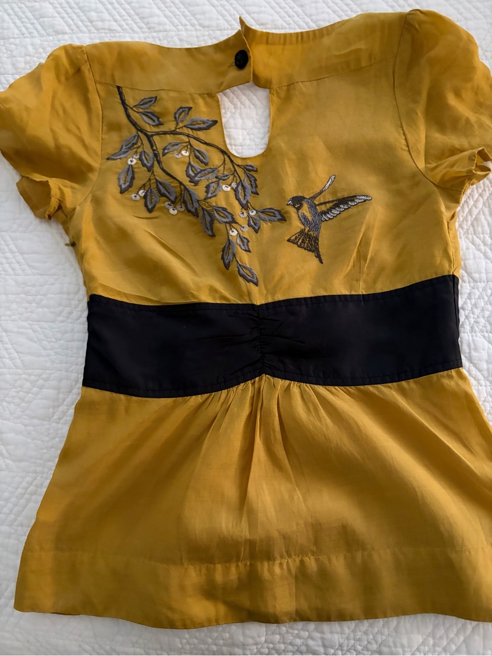 Anthropologie woman’s Mustard Yellow Embroidered Dress with Black Waistband
